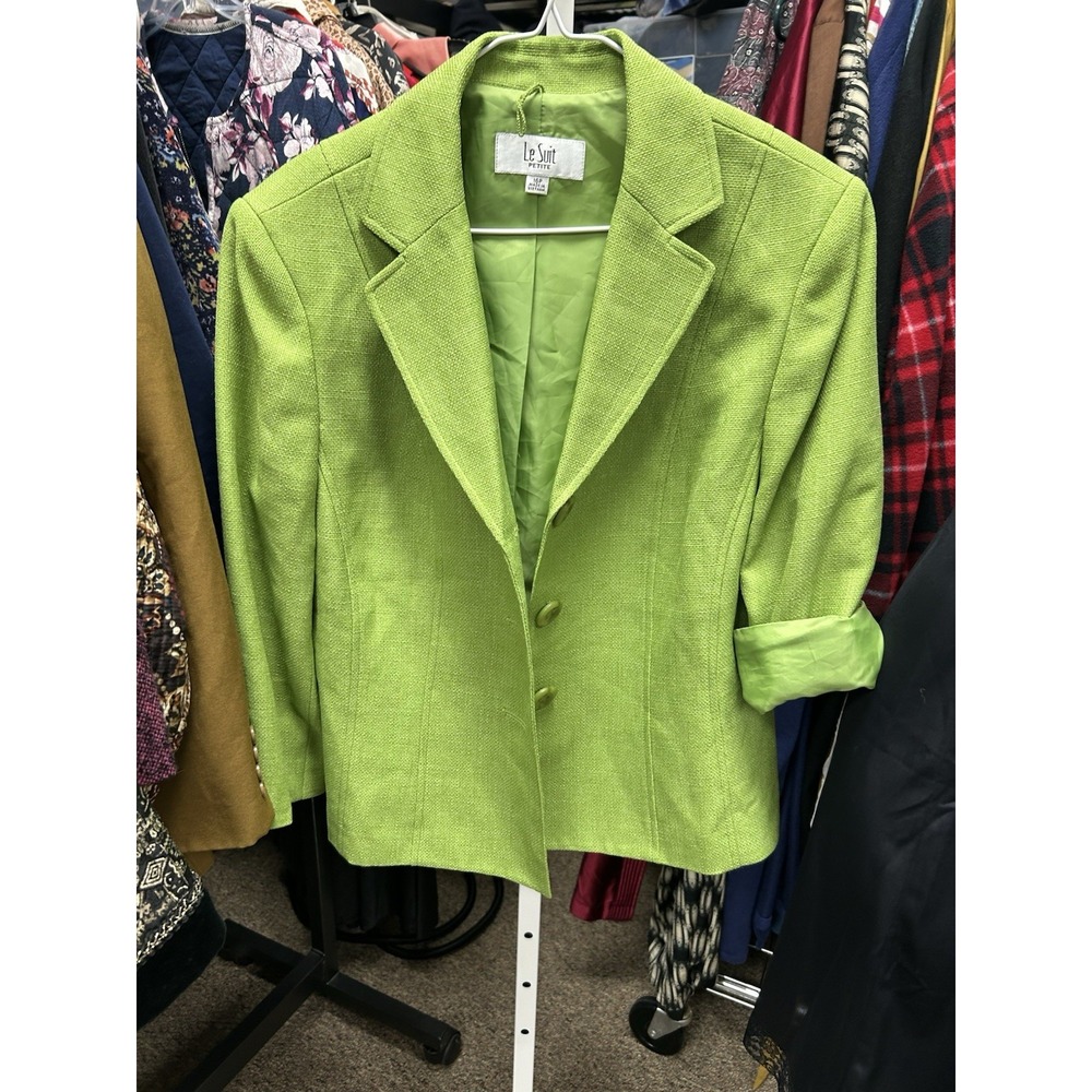 Le Suit 16 Petite Linen blend lined 1 button green chartreuse blazer